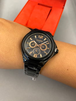 Relógio Mondaine Feminino Preto Multifunção Madrepérola a prova d'água 99366LPMVPS3