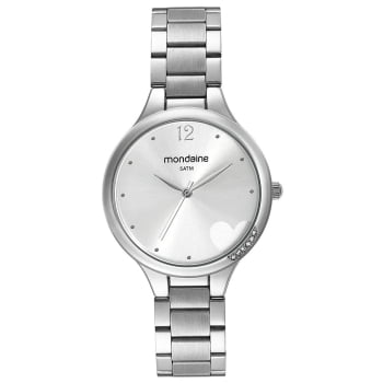 Relógio Mondaine Feminino Prateado com cristais Mostrador Prata Minimalista Com Detalhe de Coração Á Prova D'água 32215L0MVNE4