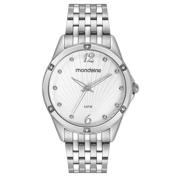 Relógio Mondaine Feminino Prateado Visor Branco Texturizado com Cristais Á Prova d'água 32481L0MVNE3
