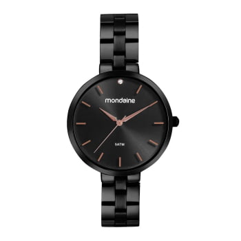 Relógio Mondaine Feminino Preto Minimalista Detalhe Rose com Cristais Á Prova d'água 32670LPMVPE3 