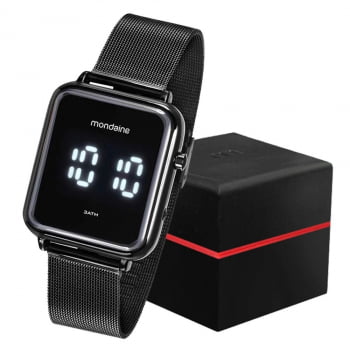 Relógio Mondaine Quadrado Digital Led Preto Milanese Com Calendário 32151GPMVPE1