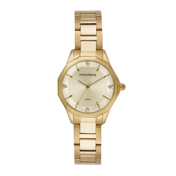 Relógio Mondaine Feminino Vidro Facetado Dourado Visor Champagne com Cristais Á Prova d'água 32844LPMVDE1