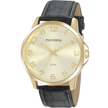 Relógio Mondaine Masculino Dourado Todo Numerado Visor Champanhe Pulseira em Couro Preta Á Prova d'água 99517GPMVDH1