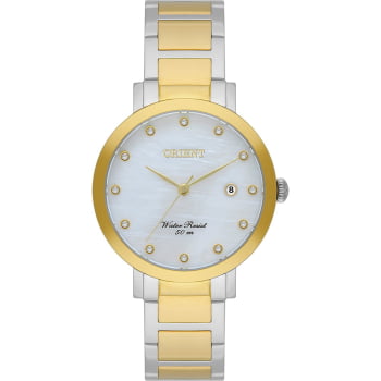 Relógio Orient Feminino Bicolor Dourado e Prateado Minimalista Visor Madrepérola com Cristais e Calendário Maquinário Japonês Aço Inoxidável Á Prova d'água FTSS1164 