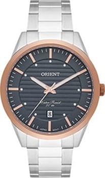 Relógio Orient Masculino Bicolor Prateado com Rose Minimalista Visor Cinza Texturizado com Calendário Maquinário Japonês Aço Inoxidável Á Prova d'água MTSS1112