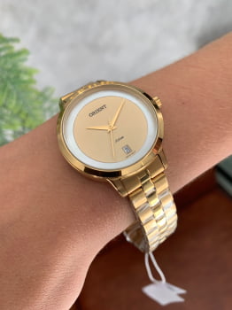 Relógio Orient Feminino Dourado Minimalista com Calendário e Maquinário Japonês Aço Inoxidavel Á Prova d'água FGSS1219 