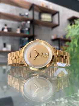 Relógio Orient Feminino Dourado Minimalista com Calendário e Maquinário Japonês Aço Inoxidavel Á Prova d'água FGSS1219 