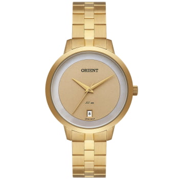 Relógio Orient Feminino Dourado Minimalista com Calendário e Maquinário Japonês Aço Inoxidavel Á Prova d'água FGSS1219 