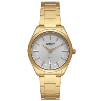 Relógio Orient Feminino Dourado Minimalista com Calendário e Visor Prateado Aço Inoxidável Á Prova d'água FGSS1217