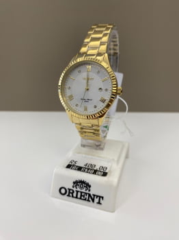Relógio Orient Feminino Dourado Visor branco Algarismo Romano com Cristais Calendário Á Prova d'água Aço Inoxidável Maquinário Japonês FGSS1254 