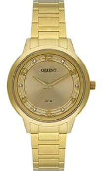 Relógio Orient Feminino Dourado Visor Champanhe com Cristais Aço Inoxidável Maquinário Japonês Á Prova d'água FGSS1236