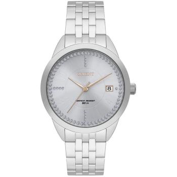 Relógio Orient Feminino Prata com Cristais e Calendário Maquinário Japonês Aço Inoxidável Á prova d água FBSS1200