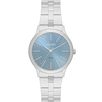 Relógio Orient Feminino Prateado Visor Azul Minimalista Pequeno Maquinário Japonês Á Prova D'água FBSS0143