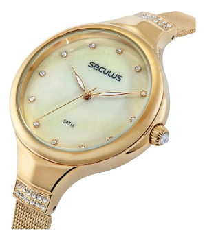 Relógio Seculus Feminino Dourado Minimalista Visor Creme Madrepérola Com Cristais e Pulseira Milanesa Á Prova D'água 77174LPSVDS2