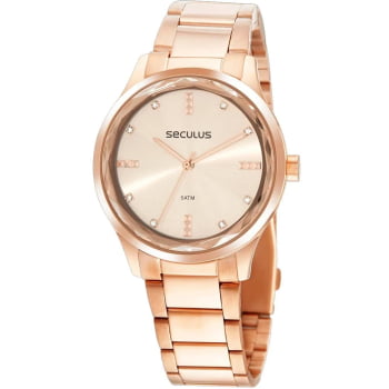 Relógio Seculus Feminino Rose Vidro Facetado com Cristais à prova d'água 77146LPSVRS2