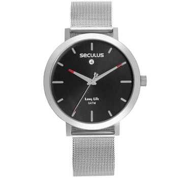 Relógio Seculus Prateado Minimalista Visor Preto com Calendário e Pulseira Milanesa Á Prova D'água 44125G0SVNA1 