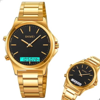 Relógio Skmei Dourado Visor Preto Digital Display Duplo 2120