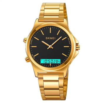 Relógio Skmei Dourado Visor Preto Display Duplo 2120