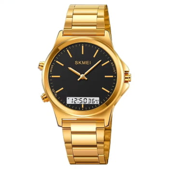 Relógio Skmei Dourado Visor Preto Display Duplo 2120