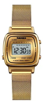 Relógio Skmei Feminino Dourado Digital Vintage Mini com Pulseira Milanesa 1901