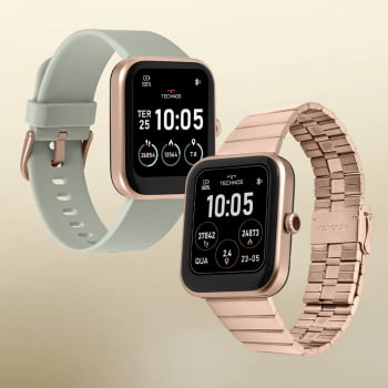 Relógio Smartwatch Technos Connect Max Digital Rosé Quadrado Troca de Pulseira Inteligente Aço Inoxidável á Prova D'água TMAXAJ/7T