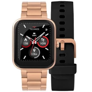 Relógio Smartwatch Technos Connect Max Feminino Rosé Quadrado Troca de Pulseira Inteligente Aço Inoxidável á Prova D'água TMAXAP/8J