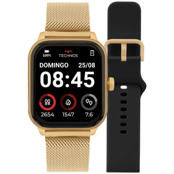 Relógio Smartwatch Technos Connect Max Pro Digital Dourado Quadrado Troca de Pulseira Inteligente Aço Inoxidável á Prova D'água TMAXPAD/8D