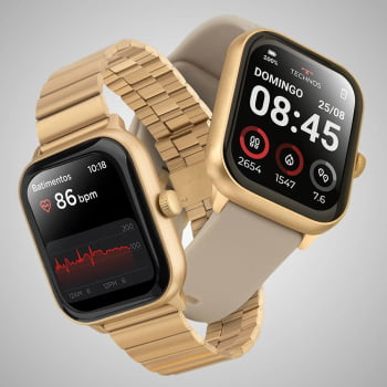 Relógio Smartwatch Technos Connect Max Pro Digital Dourado Quadrado Troca de Pulseira Inteligente Aço Inoxidável á Prova D'água TMAXPAD/9D