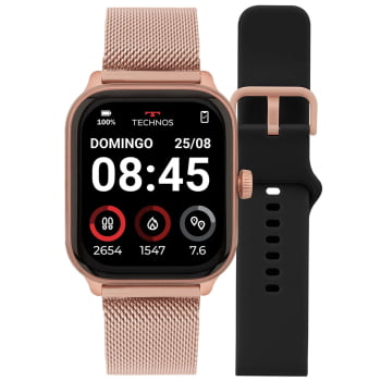 Relógio Smartwatch Technos Connect Max Pro Digital Rosé Quadrado Troca de Pulseira Inteligente Aço Inoxidável á Prova D'água TMAXPAC/8J