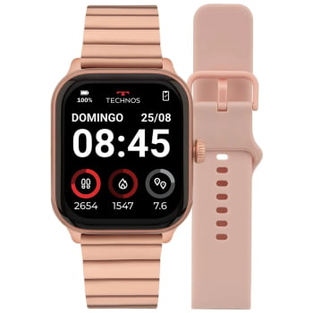 Relógio Smartwatch Technos Connect Max Pro Digital Rosé Quadrado Troca de Pulseira Inteligente Aço Inoxidável á Prova D'água TMAXPAC/9J
