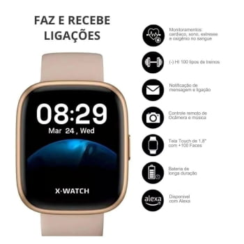 Relógio Smartwatch X-Watch Feminino Rosé Esportivo Inteligente Pulseira de Silicone Á Prova d'água XSWUQPI003A