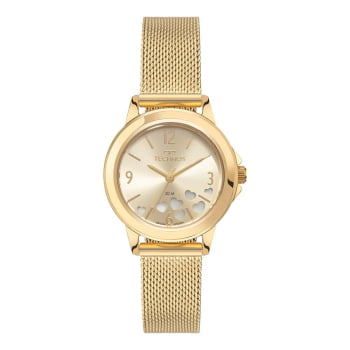 Relógio Technos Dourado Feminino Mostrador Champanhe com Corações Pulseira Milanesa Aço Inoxidável á Prova D'água 2036NBH/1X