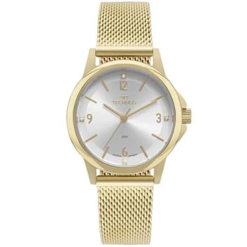 Relógio Technos Elegance Boutique Feminino Dourado Mostrador Prata com Cristais Pulseira Milanesa Aço Inoxidável a prova d'água 2035MVE/1K