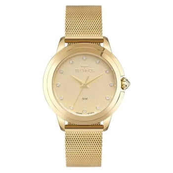 Relógio Technos Fashion Brilho Dourado Feminino Mostrador Champanhe Escovado com Cristais Pulseira Milanesa Aço Inoxidável á Prova D'água 2036MTP/1D