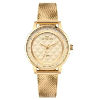Relógio Technos Fashion Brilho Dourado Feminino Mostrador Champanhe Texturizado com Cristais Pulseira Milanesa Aço Inoxidável á Prova D'água 2035NCJ/1X