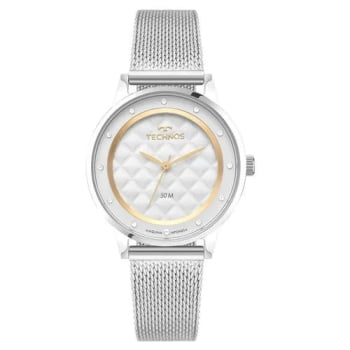 Relógio Technos Fashion Brilho Prateado Feminino Mostrador Branco Texturizado com Cristais Pulseira Milanesa Aço Inoxidável á Prova D'água 2035NCL/1K