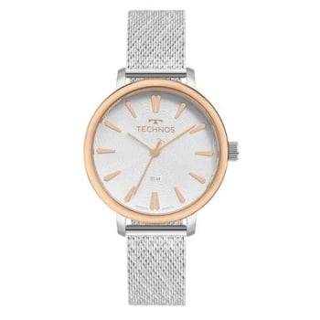 Relógio Technos Fashion Style Bicolor Feminino Mostrador Branco Texturizado Pulseira Milanesa Aço Inoxidável á Prova D'água 2036MSI/1E