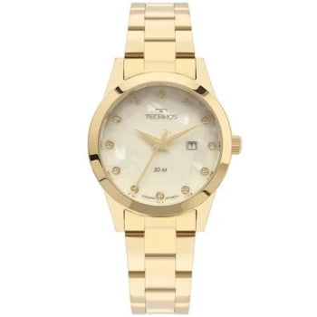 Relógio Technos Feminino Boutique Dourado Minimalista Visor Madrepérola Com Cristais e Calendário Maquinário Japonês Aço Inoxidável Á Prova d`água 2015CER/1X
