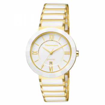 Relógio Technos Feminino Cerâmica Dourado Aço Inox Safira calendário 2015CE/4B