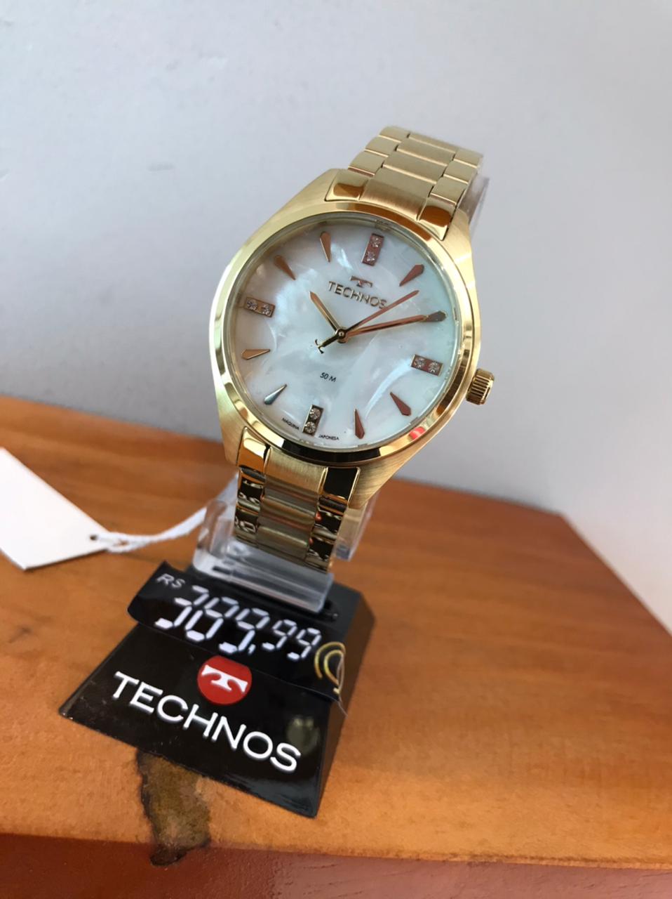 Relógio Technos Dourado Feminino Madrepérola com Cristais Maquinário Japonês Aço Inoxidável Á Prova d' água 2036MKQ/4B