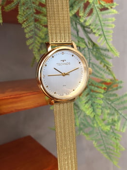 Relógio Technos Feminino Dourado Aço Inox Milanese com Pedras 2035MSU/1K