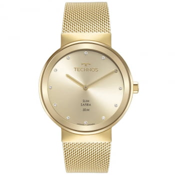 Relógio Technos Feminino Dourado Slim Aço Inox com Vidro de Cristal Safira Pulseira Milanese Á Prova d'água 1L22WM/1X