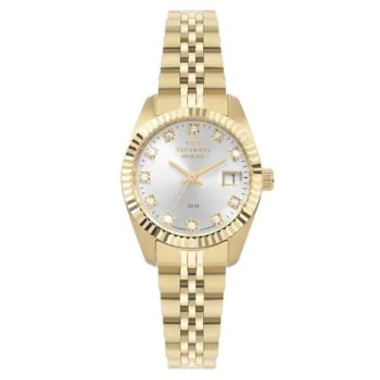 Relógio Technos Feminino Dourado Visor Prateado com Cristais Calendário Caixa Serrilhada Pequeno Maquinário Japonês Aço Inoxidável Á Prova d'água 2015CEL/1K