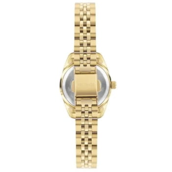 Relógio Technos Feminino Dourado Visor Prateado com Cristais Calendário Caixa Serrilhada Pequeno Maquinário Japonês Aço Inoxidável Á Prova d'água 2015CEL/1K