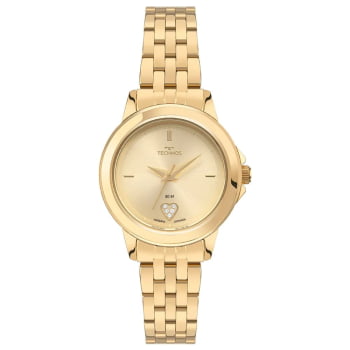Relógio Technos Feminino Fashion Dourado Mostrador Champanhe com Corações de Cristais Aço Inoxidável á Prova D'água 2035NCX/1X