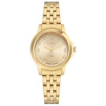 Relógio Technos Feminino Fashion Dourado Mostrador Champanhe com Numeração romana e Cristais Aço Inoxidável á Prova D'água 2036NAZ/1X