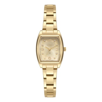 Relógio Technos Feminino Mini Dourado Minimalista Quadrado Visor Champanhe com Cristais Maquinário Japonês Aço Inoxidável 2035MXP/1D