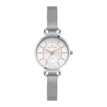 Relógio Technos Feminino Prateado Minimalista Visor Prata com Cristais Pulseira Milanesa Maquinário Japonês Aço Inoxidável Á Prova d'água 2035NBP/1K