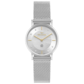 Relógio Technos Feminino Prateado Slim Aço Inox com Vidro de Cristal Safira Visor Prata Minimalista Com Cristais Pulseira Milanese e  Maquinário Japonês Á Prova D'água  2025LTW/1B
