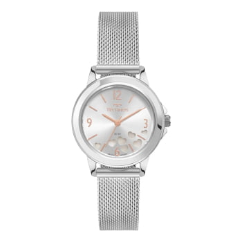 Relógio Technos Prateado Feminino Mostrador Prata com Corações Pulseira Milanesa Aço Inoxidável á Prova D'água 2036NBI/1X Relógio Technos Prateado Feminino Mostrador Prata com Corações Pulseira Milanesa Aço Inoxidável á Prova D'água 2036NBI/1X